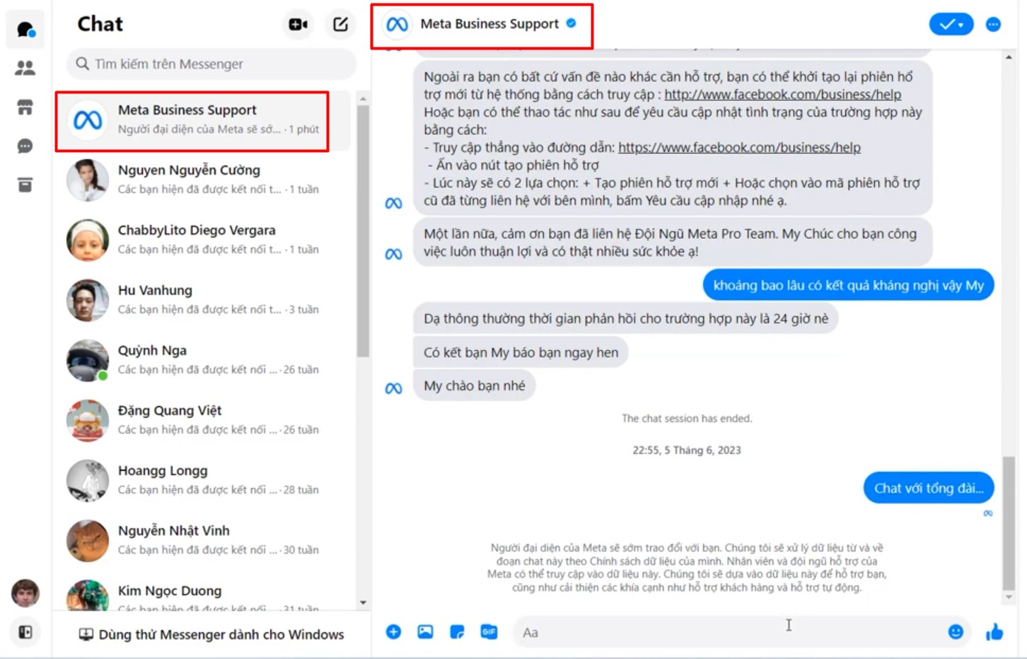 Facebook account with Chat Support function